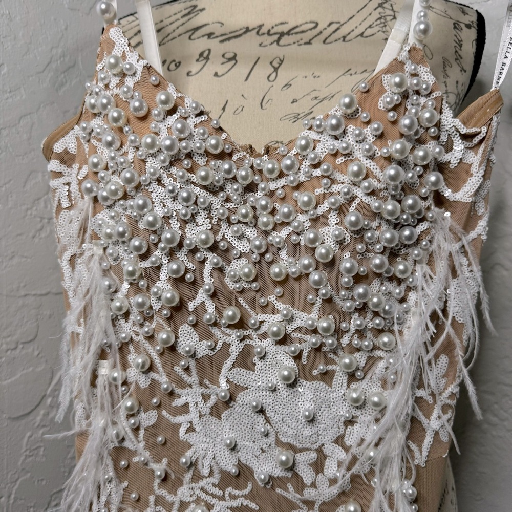 XS Bella Barnett White + Nude Feather Sequin & Pearl Maxi Dress
